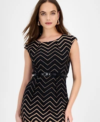 Connected Women's Ottoman Chevron-Print Belted Dress