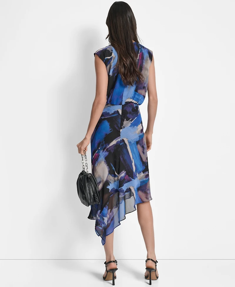 Dkny Women's Printed Blouson Asymmetric-Hem Dress