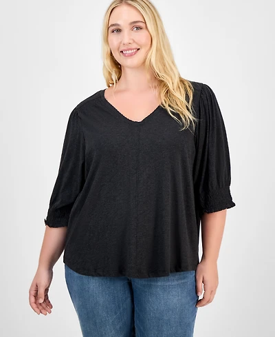 Democracy Trendy Plus Elbow-Sleeve Smocked-Cuff Blouse