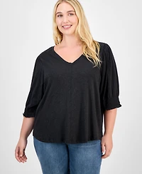 Democracy Trendy Plus Elbow-Sleeve Smocked-Cuff Blouse