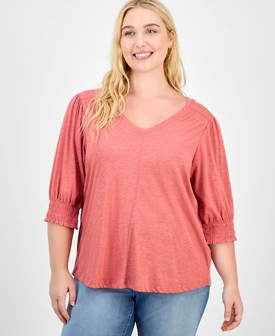 Democracy Trendy Plus Elbow-Sleeve Smocked-Cuff Blouse