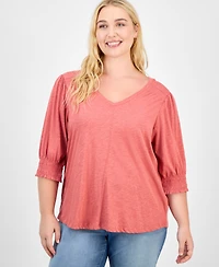 Democracy Trendy Plus Elbow-Sleeve Smocked-Cuff Blouse