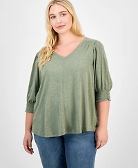 Democracy Trendy Plus Elbow-Sleeve Smocked-Cuff Blouse