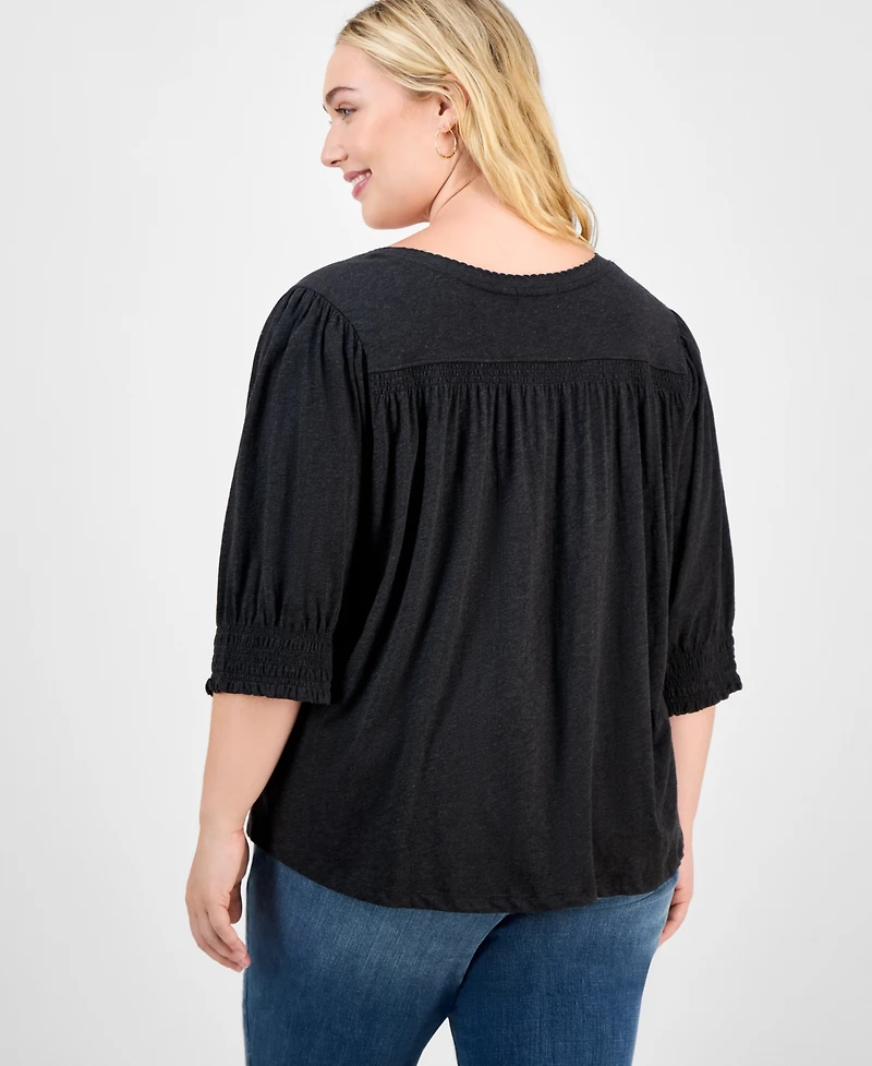 Democracy Trendy Plus Elbow-Sleeve Smocked-Cuff Blouse