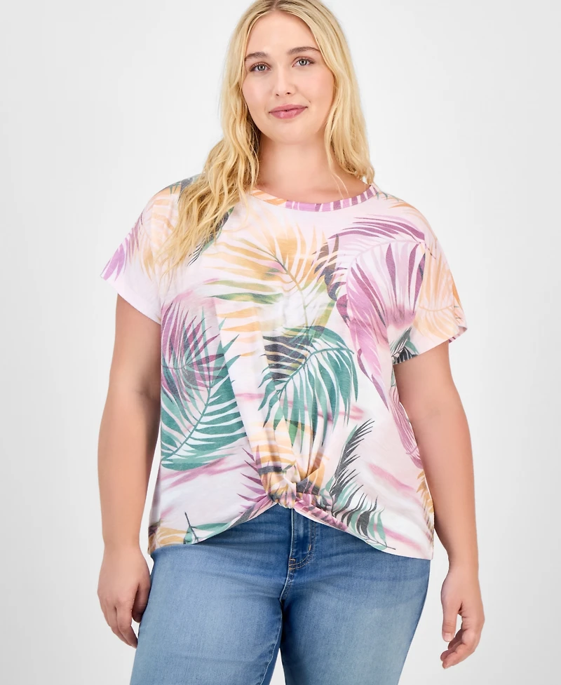 Democracy Trendy Plus Printed Twist-Front Short-Sleeve Top