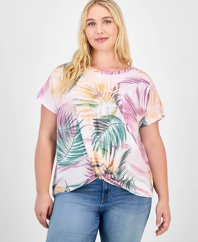 Democracy Trendy Plus Printed Twist-Front Short-Sleeve Top
