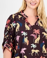 Democracy Trendy Plus Printed Elbow-Sleeve Split-Neck Top
