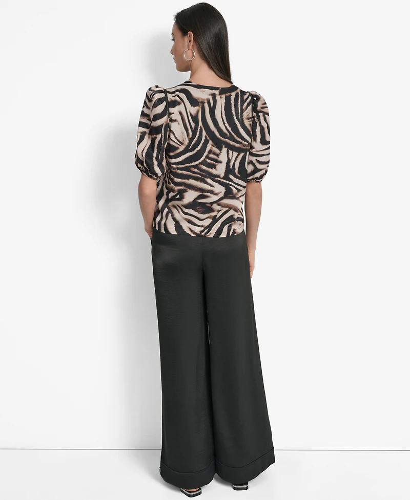Dkny Women's Printed Satin Puff-Sleeve Zipper Top
