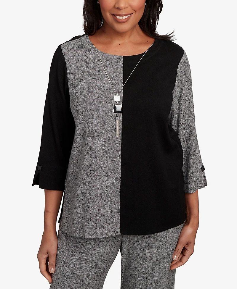 Alfred Dunner Women's Santa Barbara Center Sliced Top with Necklace
