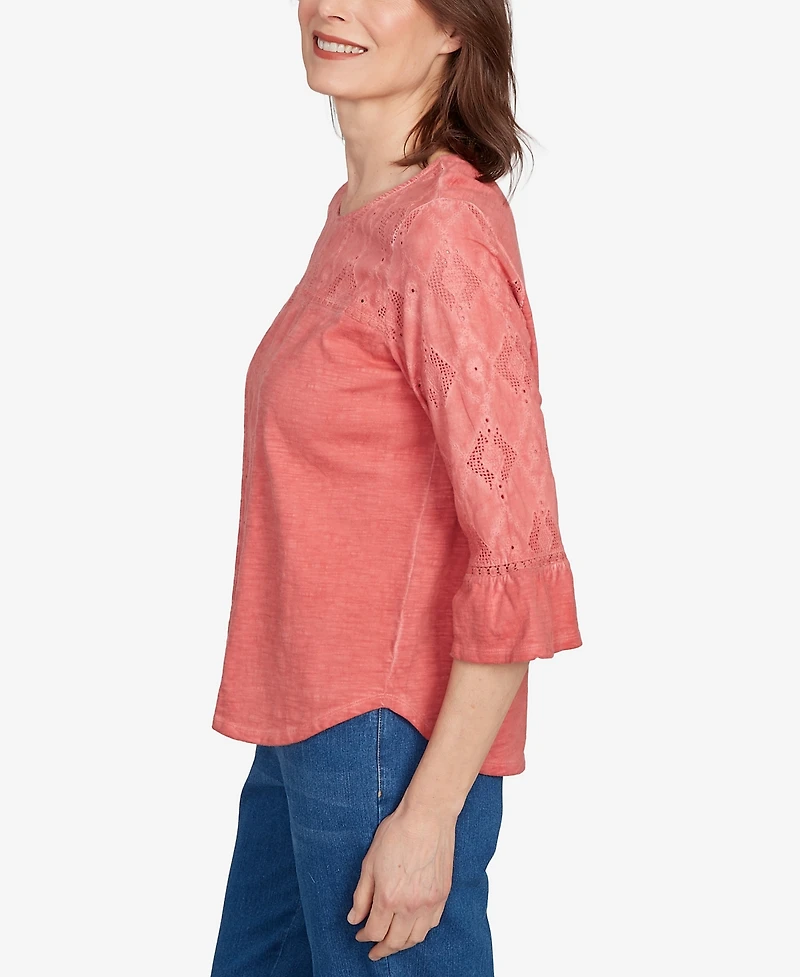 Alfred Dunner Women's El Paso Diamond Textured Spliced Bell Sleeve Top