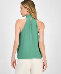 T Tahari Women's Solid Halter-Neck Keyhole Blouse