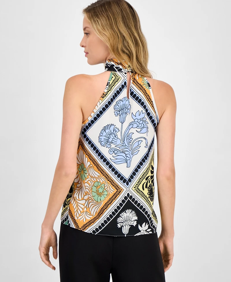 T Tahari Women's Printed Halter-Neck Keyhole Blouse