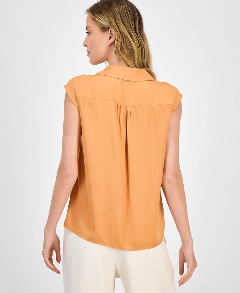 T Tahari Women's Solid Collared Cap-Sleeve V-Neck Blouse