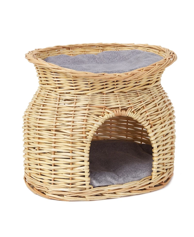 Bingopaw 2-Tier Elevated Cat Bed Wicker Ratten Cat Basket Play House W/ Soft Cushion