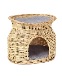 Bingopaw 2-Tier Elevated Cat Bed Wicker Ratten Cat Basket Play House W/ Soft Cushion