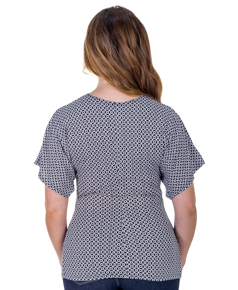 24seven Comfort Apparel Petite V-Neck Geometric Print Front Kimono Sleeve Top
