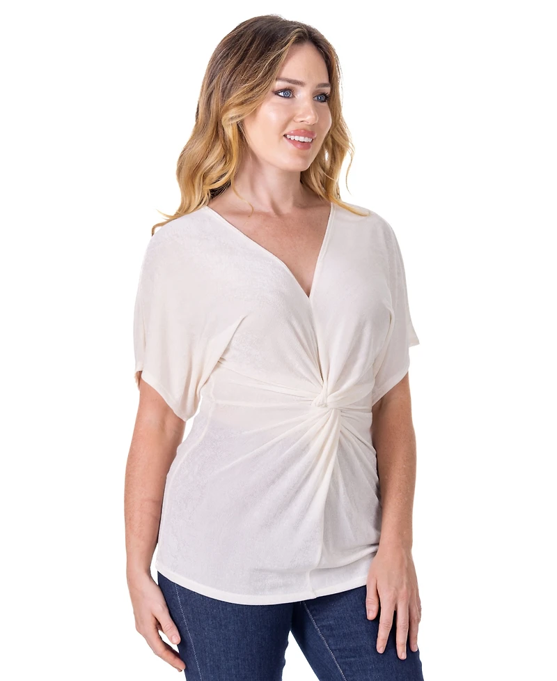 24seven Comfort Apparel Petite V-Neck Knot Front Kimono Sleeve Top