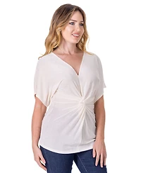 24seven Comfort Apparel Petite V-Neck Knot Front Kimono Sleeve Top
