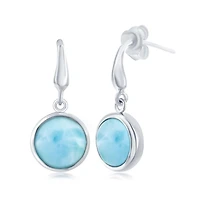 Sterling Silver Bezel-set Round Larimar Dangle Earrings