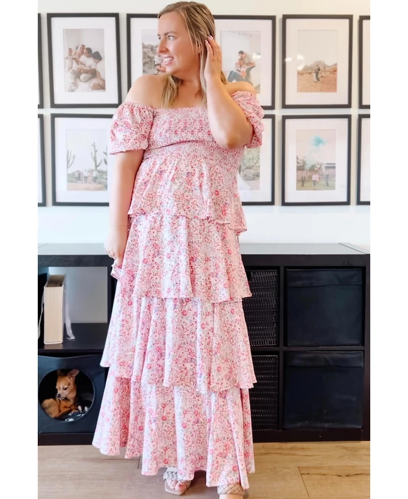 Pinkblush Maternity Pink Floral Square Neck Ruffle Layered Maxi Dress