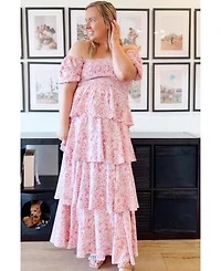 Pinkblush Maternity Pink Floral Square Neck Ruffle Layered Maxi Dress