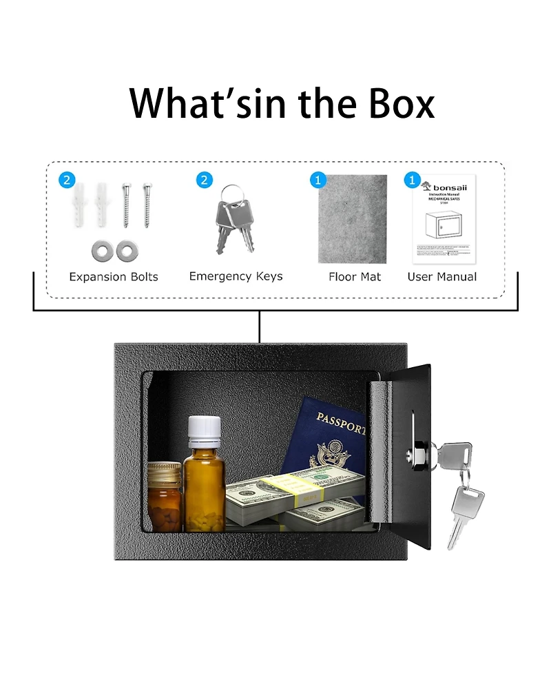 Bonsaii Safe Box with Key Lock, Steel Security Lock Box, 0.23 Cubic Feet, 9.06" W x 6.69" D x 6.69" H, Small Hidden Safe for Cash Jewel
