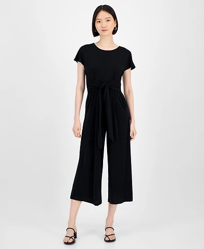 Robbie Bee Women's Round-Neck Tie-Waist Jumpsuit