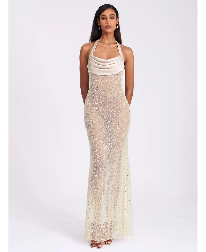 Miss Circle Women's Zahya Lime Halter Backless Beaded Mesh Gown