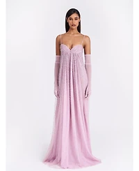 Miss Circle Women's Wallie Pink Rhinestone Embellished Mesh Backless Gown