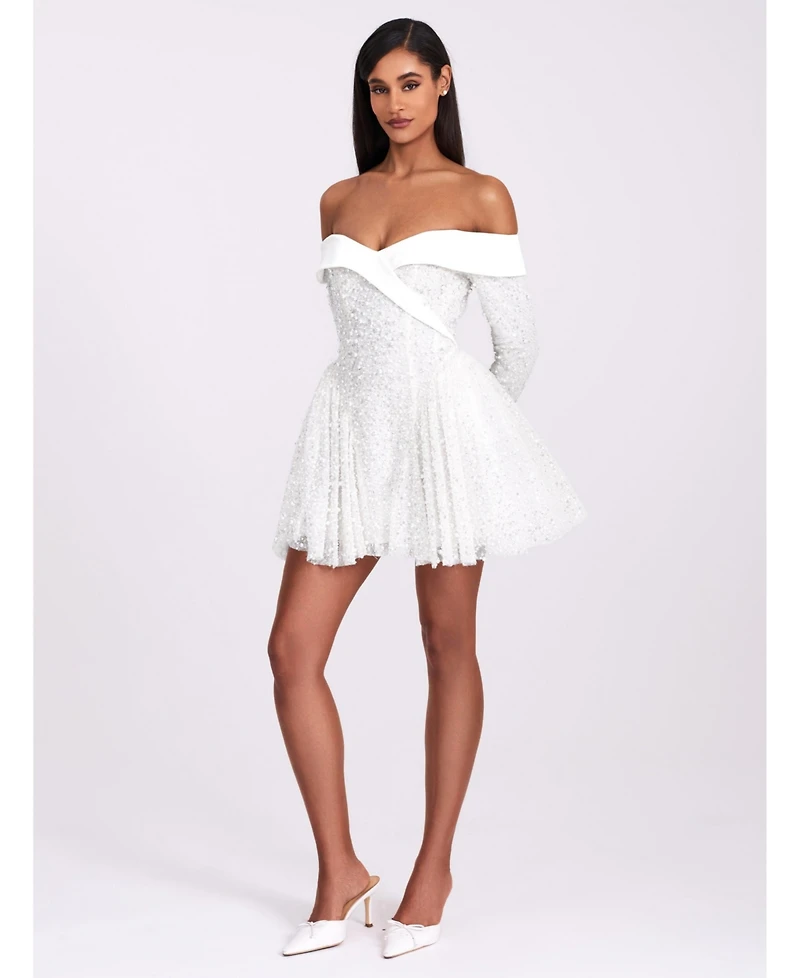 Miss Circle Women's Kira Bead Embroidered Mesh Off Shoulder Long Sleeve Mini Dress