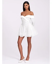 Miss Circle Women's Kira Bead Embroidered Mesh Off Shoulder Long Sleeve Mini Dress