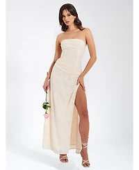 Miss Circle Women's Xatia Off White Jacquard Textured High Slit Maxi Dress