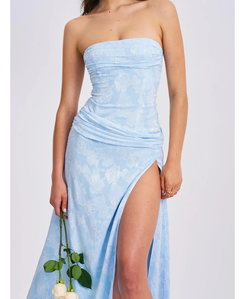 Miss Circle Women's Xatia Baby Blue Jacquard Textured High Slit Maxi Dress
