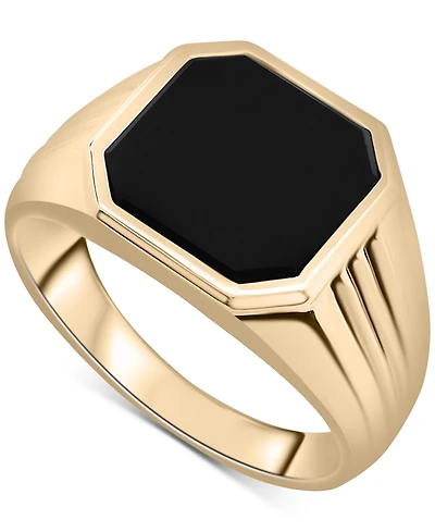 Macy's Men's 14k Gold-Plated Sterling Silver Onyx Octagon Polished Ridged Ring