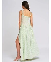 Miss Circle Women's Ulissa Light Green Square Neck Jacquard Textured High Slit Maxi Dress
