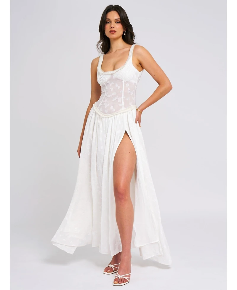 Miss Circle Women's Ulissa White Square Neck Jacquard Textured High Slit Maxi Dress