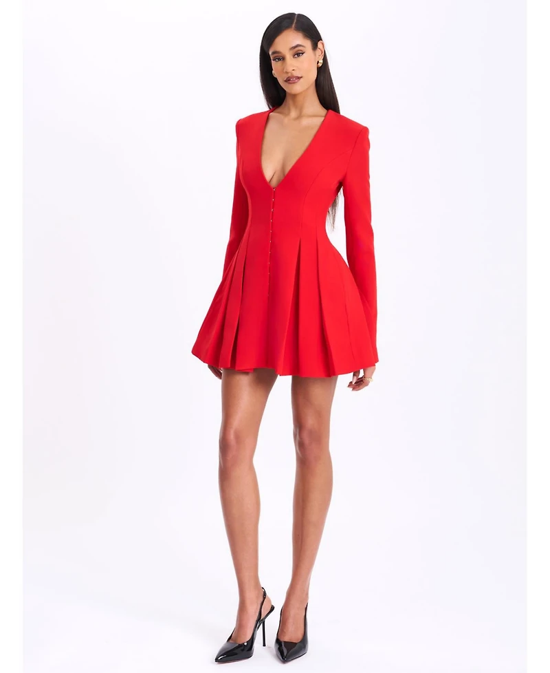 Miss Circle Women's Ubah Red Blazer Pleated Button-up Long Sleeve Mini Dress