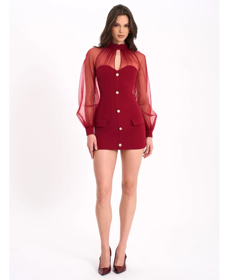 Miss Circle Women's Tabitha Burgundy Mesh Lantern Sleeve Mini Dress