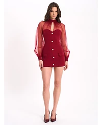 Miss Circle Women's Tabitha Burgundy Mesh Lantern Sleeve Mini Dress
