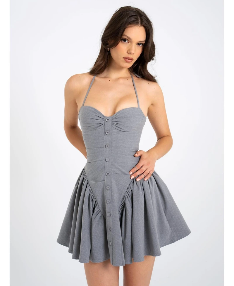 Miss Circle Women Melody Gray Stripe Halter Drop Waist Mini Dress