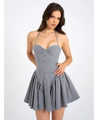 Miss Circle Women Melody Gray Stripe Halter Drop Waist Mini Dress