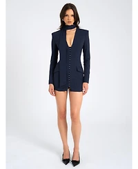 Miss Circle Women's Tahlia Deep V Pinstripes Navy Blue Blazer Dress with scarf collar