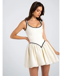 Miss Circle Women's Coco White Boucle Tweed V Waist Mini Dress