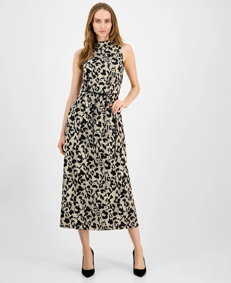 Anen Klein Women's Printed Belted Sleeveless Midi Dress