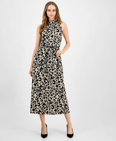 Anen Klein Women's Printed Belted Sleeveless Midi Dress