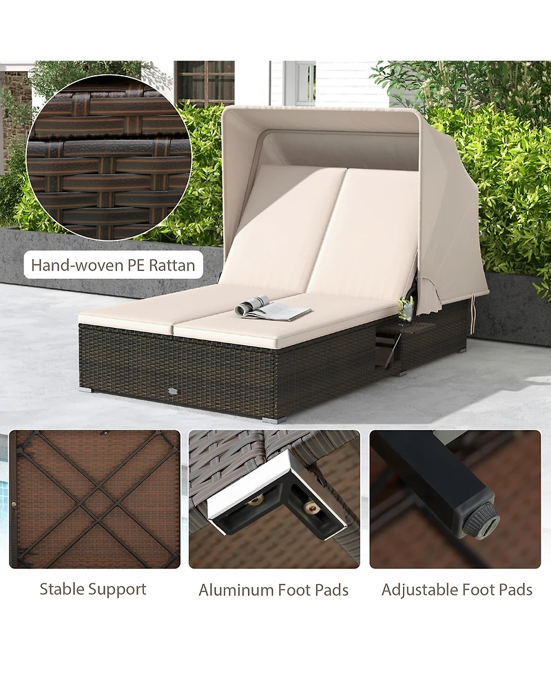 Gymax 2-person Rattan Lounge Bed w/ Retractable Canopy 5-position Adjustable Backrest