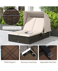 Gymax 2-person Rattan Lounge Bed w/ Retractable Canopy 5-position Adjustable Backrest