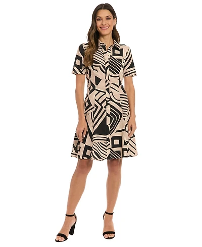 London Times Petite Collared Short-Sleeve A-Line Dress