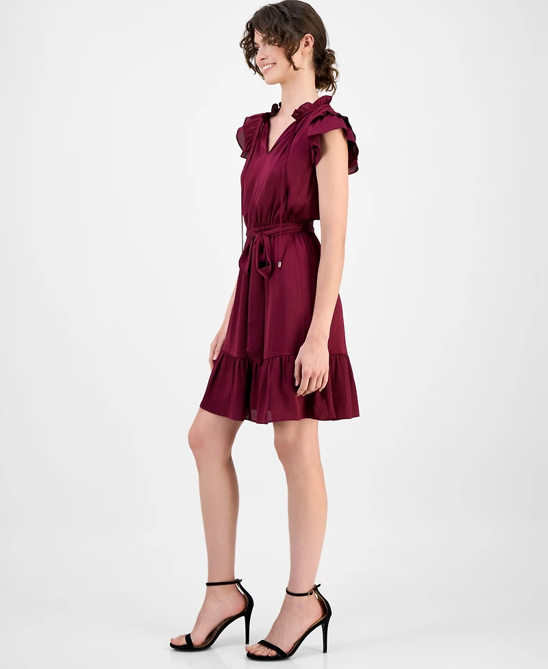 Anne Klein Women's Solid Tie-Waist Flutter-Sleeve Tiered Dress