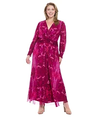 London Times Plus Bishop-Sleeve Mesh Maxi Dress